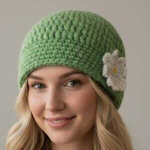 Chunky Fuzzy Crochet Hat Toque Green with White Daisy